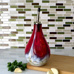 Blown Glass Olive Oil Dispenser in Cherry Red with White, easy to refill.