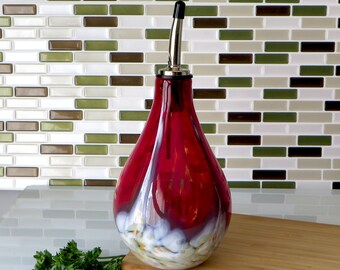 Blown Glass Olive Oil Dispenser in Cherry Red with White, easy to refill.