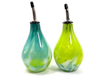 MADE TO ORDER: Pair of Oil and Vinegar Bottles, Handblown glass in Teals and Greens,