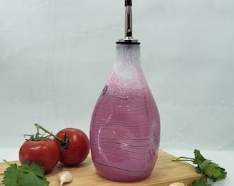 Cranberry Pink ,Handblown Glass Olive Oil Bottle with Stainless Steel Pourer, Modern Minimalist Series