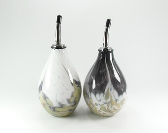 Hand Blown Glass Olive Oil Bottle Set in Grey, White and Beige, made to order