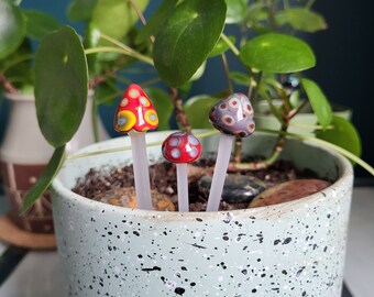 Red & Purple Glass Mushroom Plant Stakes, set of 3, Garden Art, Garden Decorations