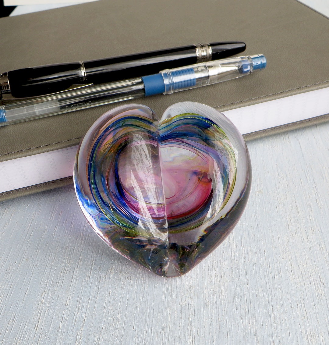 Blown Glass Heart Paperweight in Cranberry Blue and Rainbow Etsy