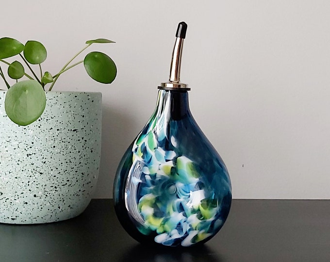 Blown Glass Olive Oil dispenser in Sea Green with White and Colourful Spots