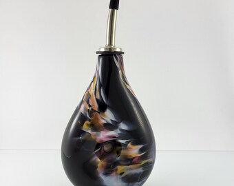 Blown Glass Olive Oil Dispenser in Black and White with Colorful Spots