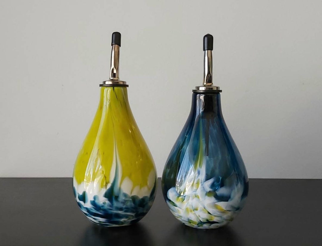 Olive Oil Bottle Set in Sea Green and Olive Green, Hand Blown Glass