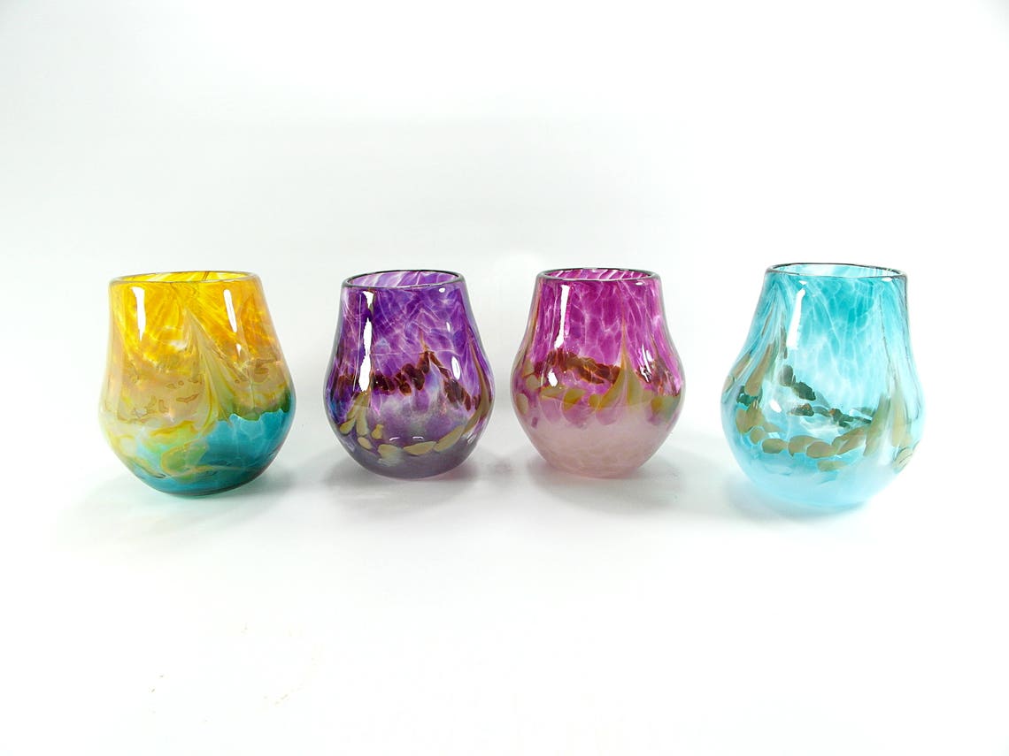 Hand Blown Stemless Wine Glass Set In Warm Pastels Set Of 4 Etsy