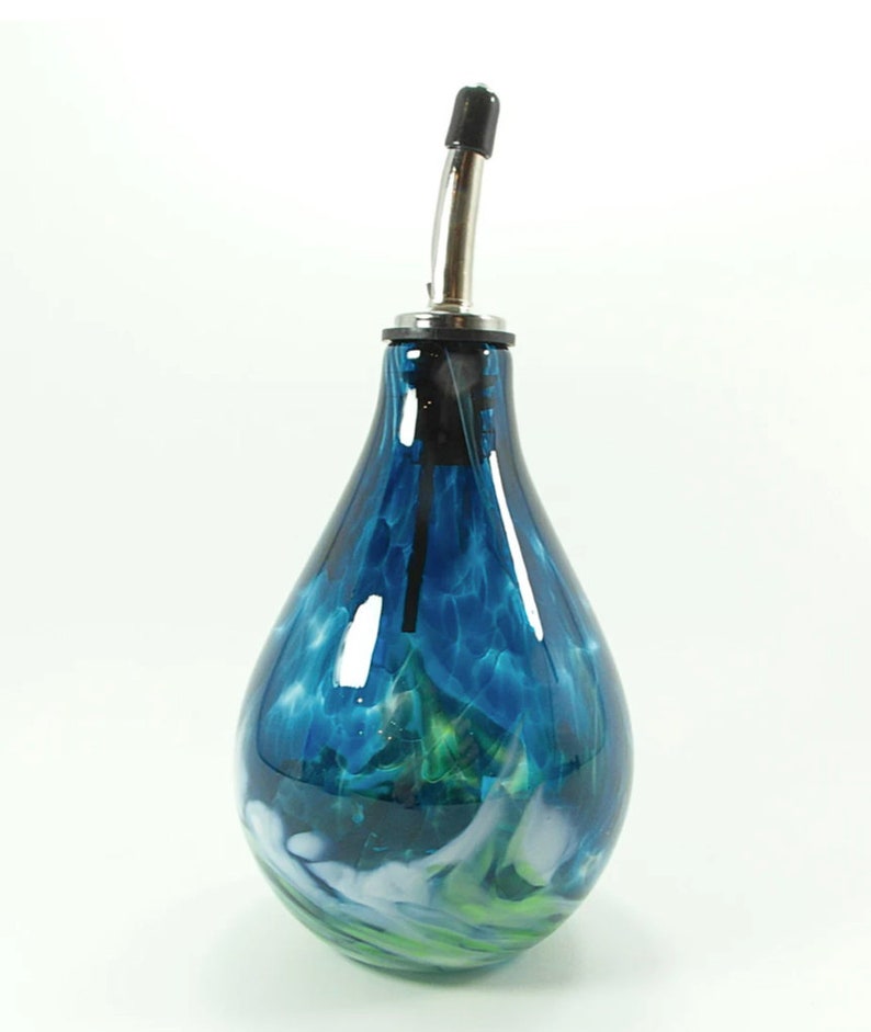 Handblown Glass Olive Oil Bottle with Stainless Steel Pourer, Signature Series image 2