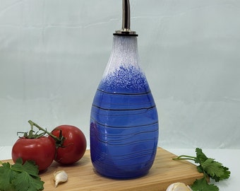 Cobalt Blue ,Handblown Glass Olive Oil Bottle with Stainless Steel Pourer, Modern Minimalist Series