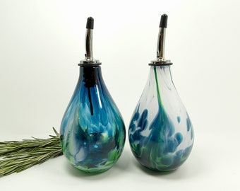 Olive Oil Bottle set in Sea Green and White, Hand blown glass, Made to order