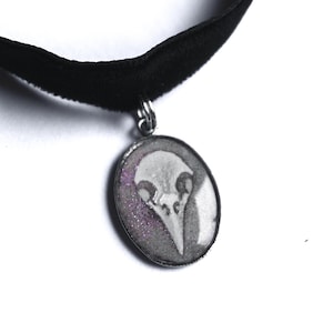 May include: Black velvet choker necklace with a silver pendant. The pendant features a white bird skull design with a purple glitter background. The necklace is a gothic style accessory.