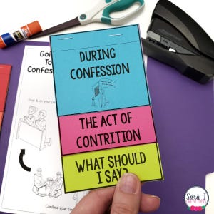 May include: A colorful, laminated, three-panel guide for confession with the text "During Confession", "The Act of Contrition", and "What Should I Say?"