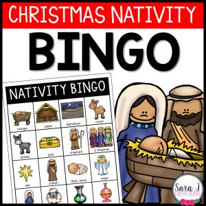Kerst geboortebingo afdrukbare borden, geboorte van Jezus katholieke christelijke spellen voor kinderen, afdrukbaar bingokaartspel voor Kerstmis
