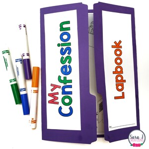 May include: Purple folder with a white label that says "My Confession Lapbook" in colorful letters. The folder is open to reveal a blank page with a line for a name. There are also colorful markers on a white surface.