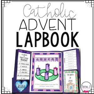 Puede incluir: Un lapbook de Adviento católico de color morado y rosa con una corona, velas y el texto "Celebrar a los santos durante el Adviento".