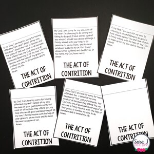 May include: Five printable cards with the text "The Act of Contrition" and a prayer of contrition. The cards are white with black text.