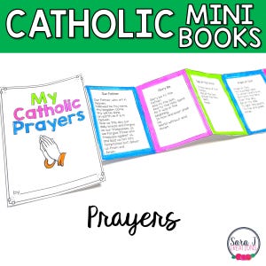 以下が含まれることがあります： ピンクと青で「My Catholic Prayers」と題されたカトリックのミニブックのセット。 本には「主の祈り」や「栄光あれ」などの祈りが含まれています。 「Prayers」という言葉は下部に筆記体で書かれています。 上部のバナーには「Catholic Mini Books」と書かれています。