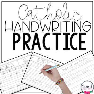 Puede incluir: Hojas de práctica de escritura imprimibles en blanco y negro para niños de escuelas católicas. Las hojas de trabajo presentan las letras "p" y "s" y la frase "Signo de la Cruz" con la oración católica tradicional.