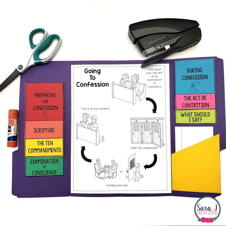 May include: A purple folder with a printable guide for going to confession. The guide includes illustrations of a confessional, a priest, and a person kneeling. The folder has tabs with the following titles: Preparing for Confession, Scripture, The Ten Commandments, Examination of Conscience, During Confession, The Act of Contrition, and What Should I Say?
