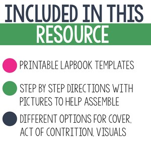 May include: A graphic with a green, pink, and black circle. The text reads "INCLUDED IN THIS RESOURCE" in a green box. The text below the circles reads "PRINTABLE LAPBOOK TEMPLATES", "STEP BY STEP DIRECTIONS WITH PICTURES TO HELP ASSEMBLE", and "DIFFERENT OPTIONS FOR COVER, ACT OF CONTRITION, VISUALS".