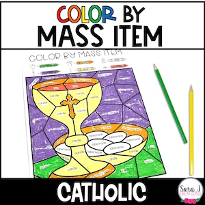 Catholic Mass Objects Color by Code, Parts of the Catholic Mass Coloring Pages, Catholic Coloring Book for Kids, Learn the Items of the Mass