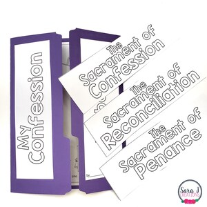 May include: A purple folder with a white label that says "My Confession". There are three white labels inside the folder that say "The Sacrament of Confession", "The Sacrament of Reconciliation", and "The Sacrament of Penance".