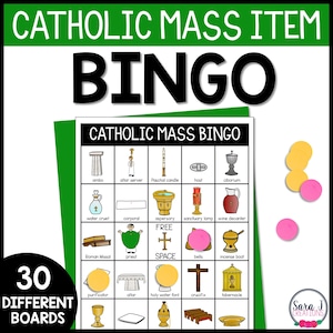 Cartões de Bingo de Objetos de Missa Católica, Partes dos Jogos de Missa Católica para Crianças, Cartão de Bingo de Missa Católica para Imprimir para Crianças
