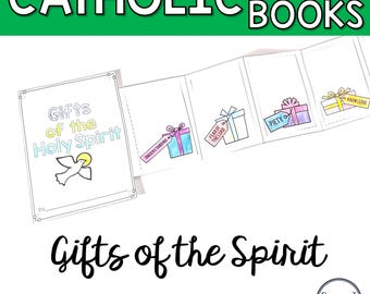 May include: A white mini-book titled "Gifts of the Holy Spirit" with illustrations of gifts and a dove. The book is part of a series labeled "Catholic Mini Books." The title "Gifts of the Spirit" is written in cursive below the book.