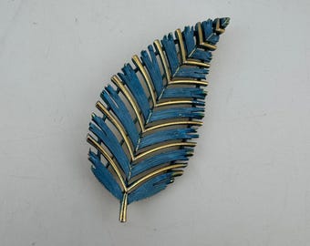 Lisner Leaf Brooch Blue Gold Tone Excellent Vintage Enamel Feather Pin