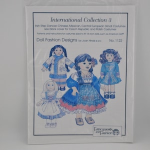 May include: A package featuring a doll fashion design pattern. The cover displays illustrations of dolls in various cultural costumes, including an Irish step dancer and a Chinese outfit. Text includes "International Collection 3" and "Doll Fashion Designs."