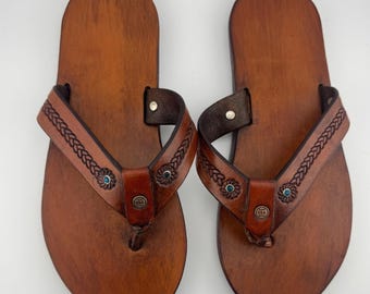 Don J. Heisler Handmade Leather Flip Flop Sandals Brown Tooled Western Size 9