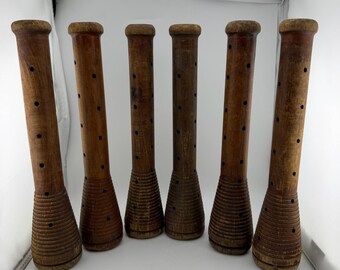 Brown Vintage Industrial Wooden Textile Bobbin Set of 6