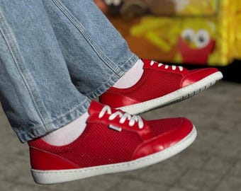 Barfotaskor för kvinnor, Barfota casual sneakers, Röda bredare skor, Handgjorda, Zero Drop, Naturligt läder, Minimalistiska herrskor