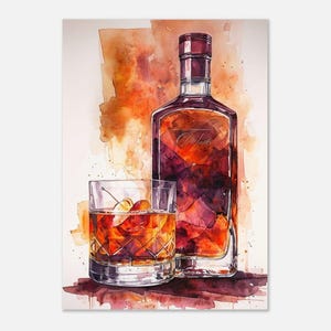 Chic Watercolour Whiskey Cocktail Wall Art, Perfect for a home bar or a drink enthusiast