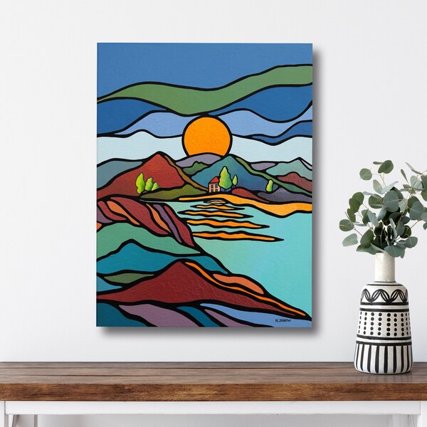 Sun Mountain Wall Art, Mid Century Modern Wall Art ORIGINAL Painting, Nature Art, Scandinavian Art, Blue Orange Wall Decor