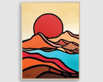 Abstract Sunset Mountain Painting, Terracotta Landscape, Mid Century Modern Original Wall Art, 12x16