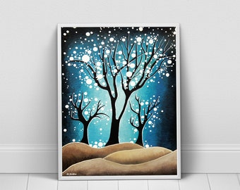 Winter Landscape Snow Painting, Nature Art Print, Tree Wall Art, Tree Print, Winter Decor, Winter Forest Print, Country Scenery
