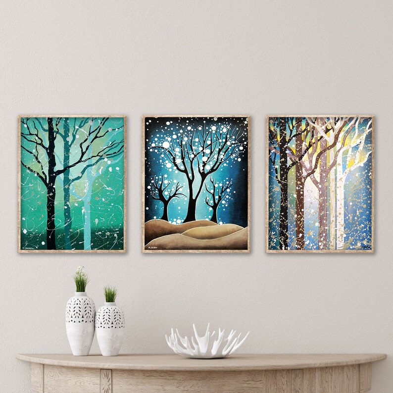 Set of 3 Prints Contemporary Woodland Decor Blue Brown Turquoise Home Decor Tree Wall Art Winter Trees Wall Art Tree Art Prints