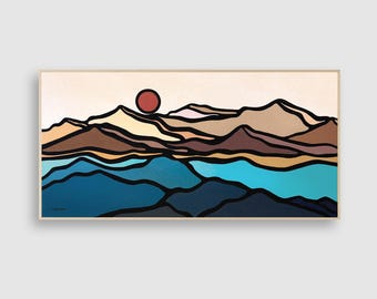 Original Mountain Landscape Painting: Abstract Mid-Century Modern Panoramic Wall Art, Blue Brown (15x30)