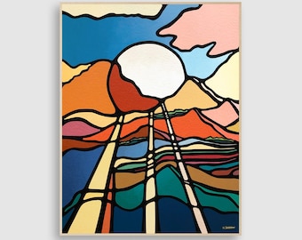 Original Sun Mountain Painting: Mid-Century Modern Abstract Wall Art, Sierra Nevada, 22x28