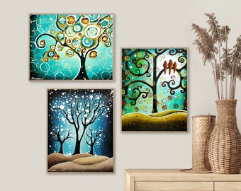 Set of 3 Prints, Tree of Life Nature Wall Art, Woodland Decor 3 Piece Wall Art, Abstract Landscape Gallery Wall Art, Blue Green