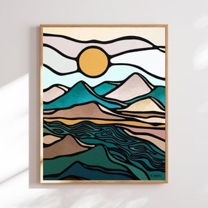 Abstract Mid Century Modern Wall Art Original Painting Sun over Green Mountains in Northern California Nature Lover Gift