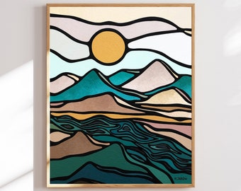 Abstract Mid Century Modern Wall Art Original Painting Sun over Green Mountains in Northern California Nature Lover Gift