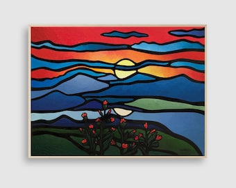 Blue Ridge Acrylic Painting: Mid-Century Modern Abstract Mountain Landscape, Red Blue (18x24)
