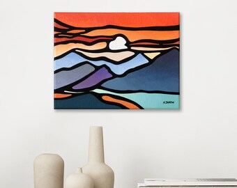 Mothers Day Gift Blue Ridge Mid Century Modern Wall Art, ORIGINAL Sun Mountain Painting, Nature Art