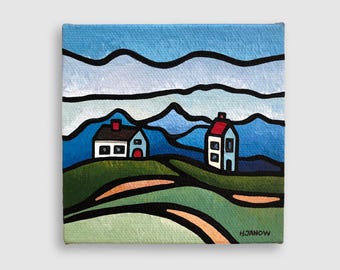 Tiny White Houses Acrylic Painting: Original Mid-Century Modern Miniature Landscape Art (4x4)