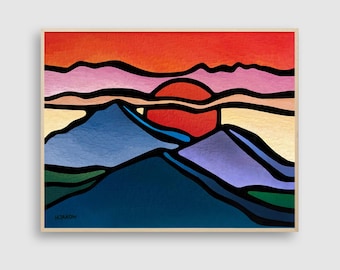 Original Abstract Sunset Painting, Blue Ridge Mountains, Mid-Century Modern Wall Art 11x14