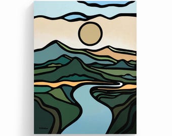 Original Landscape Acrylic Painting: Green Minimalist Mountain River Wall Art, 18x24