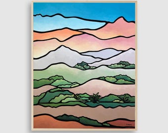 Mojave Desert Original Abstract Painting, Minimalist Southwest Landscape, Mid-Century Modern Wall Art, Blue Pink (24x30)