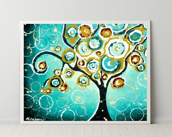 Tree of Life Print Brown Teal Wall Art, Turquoise Home Decor, Woodland Wall Art, Modern Farmhouse Wall Decor